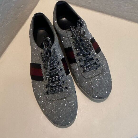 Gucci Women's 9.5 Bambi Webb Metallic Sneakers Silver Blue Red Icon Stripe Disco - Picture 15 of 16